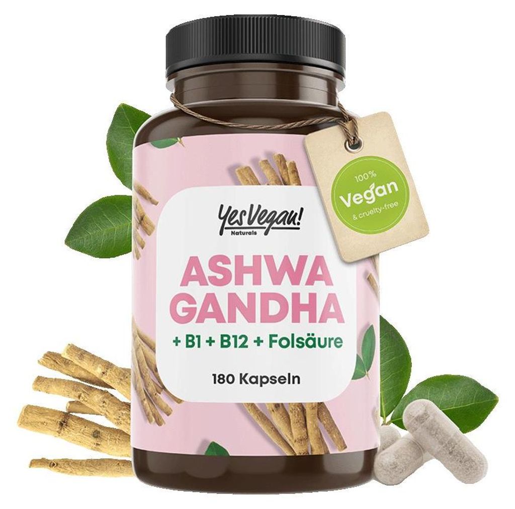 Ashwagandha Kapseln (180 Stück) hochdosiert mit Ashwagandha hochdosiert, Vitamin B12 B1 B6