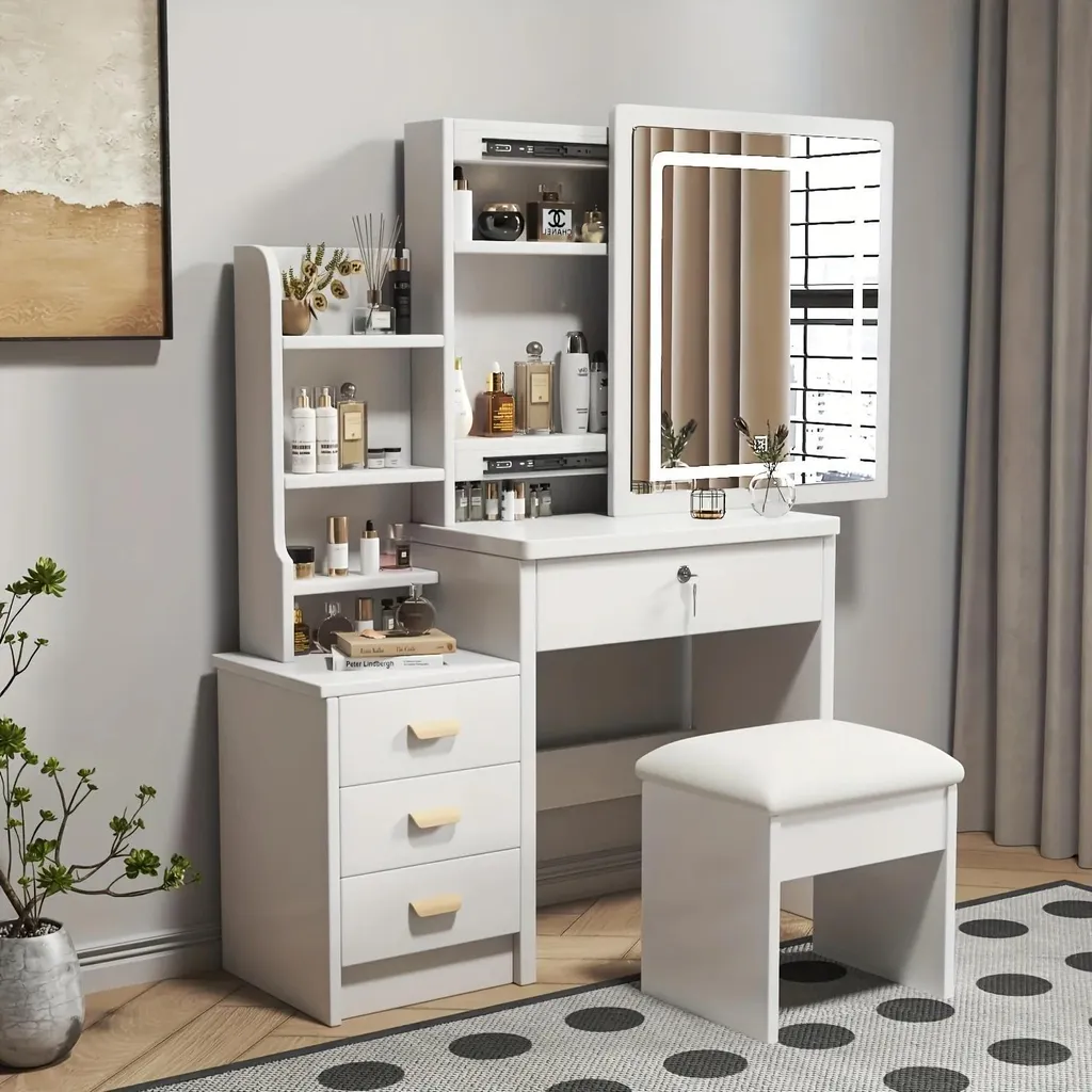 Coiffeuse blanche avec miroir LED réglable et 4 tiroirs - Design Moderne - 3
