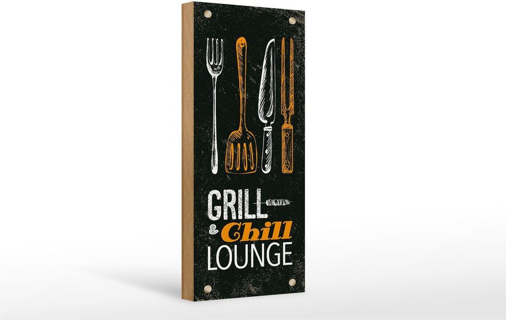 Holzschild Grill & Chill Fleisch Grillen, 27 x 10 cm, Holzschilder Spruch Fleisch Grillbesteck