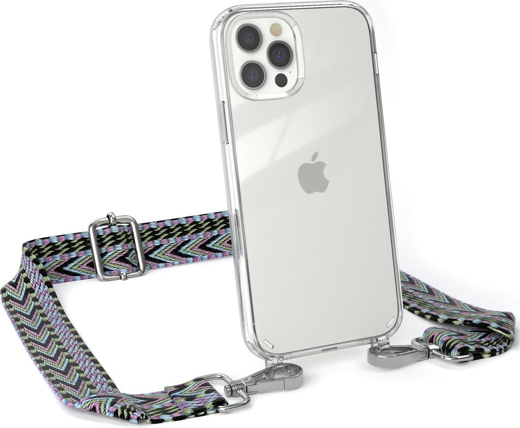 EAZY CASE Handykette - Verstellbarer Trageriemen kompatibel mit Apple iPhone 12 / 12 Pro, Handykordel mit transparenter Silikon-Hülle, Band in Lila