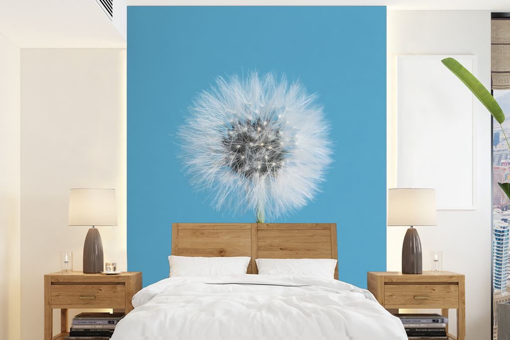 MuchoWow Fototapete für Wohnzimmer oder Schlafzimmer Wandtapete Vinyl Motivtapete Blumen - Löwenzahn - Blau - 190x260 cm - Papiertapete