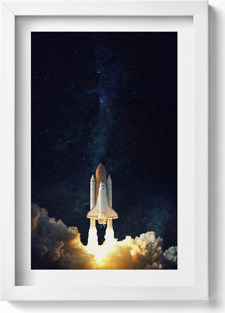 Eine Rakete, die in den Weltraum abhebt– Wandbild mit Rahmen – Gerahmtes Bild – Wanddekoration – 20x30 cm – Weiß