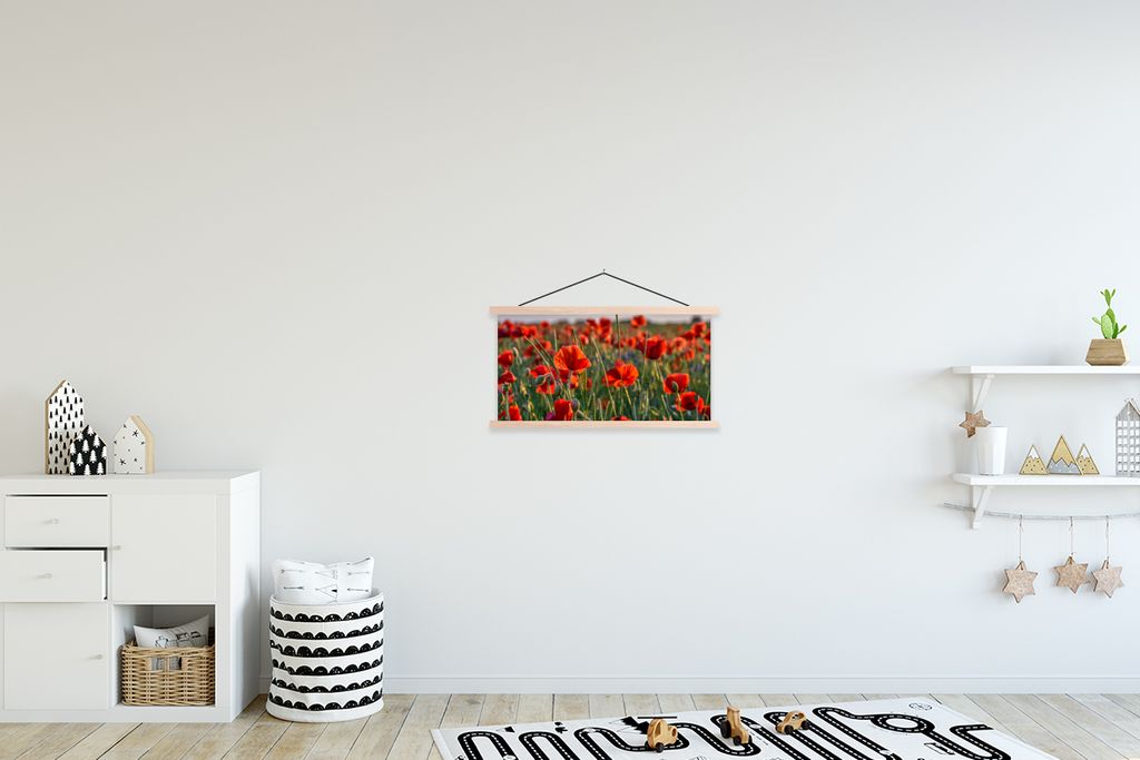 MuchoWow Textilposter Blumen - Mohnblumen - Natur - Rot 60x30 cm mit holzfarbenen Rahmen - Dekoration