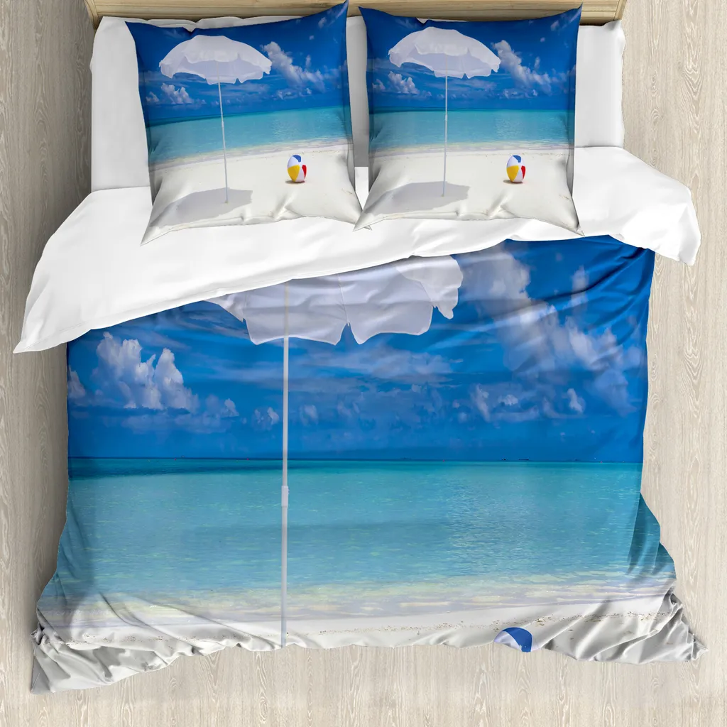 ABAKUHAUS Copripiumino da spiaggia, Summer Season Vibes Sea, antiacaro, adatto a chi soffre di allergie, con federe, 200 cm x 200 cm - 80 x 80 cm, bianco crema blu