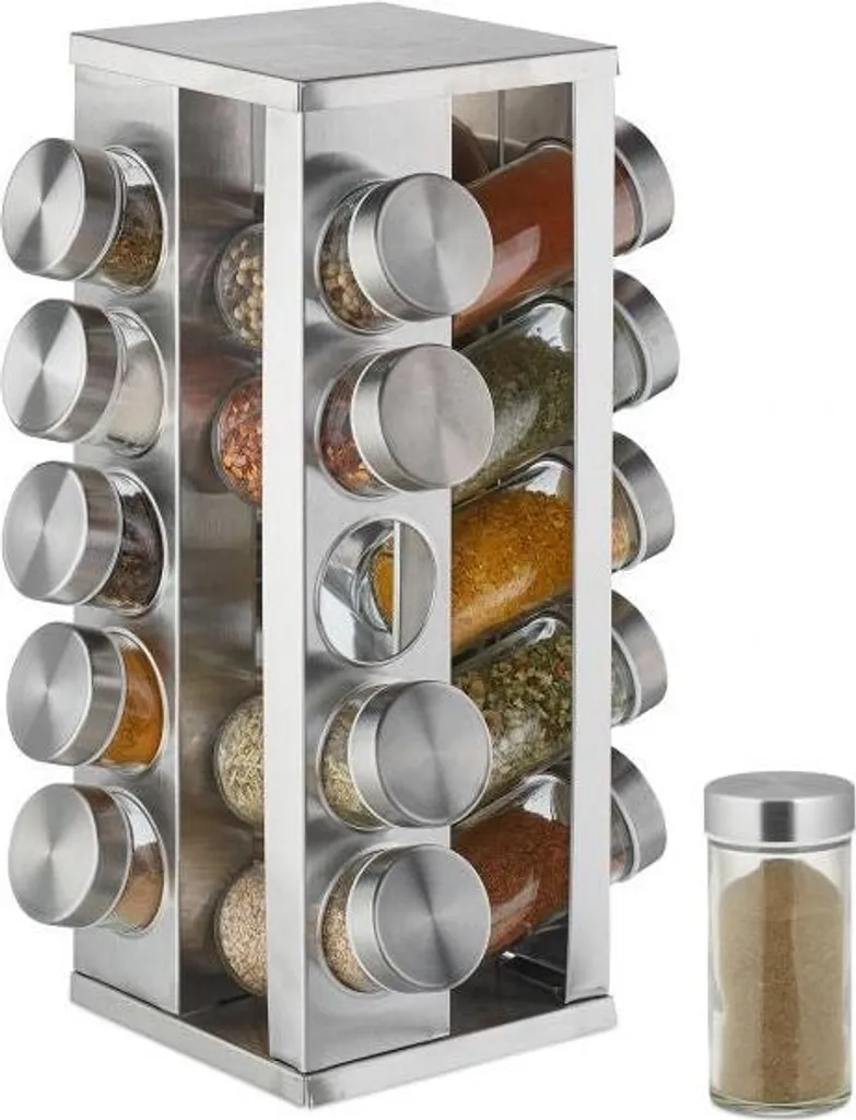 Organizer Spezie Girevole Design 20 Pezzi - Acciaio Satinato e Vetro