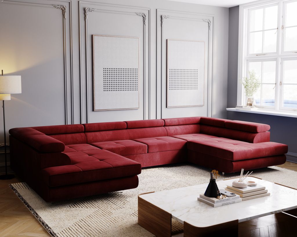 E-ZIMPAZ Ecksofa mit Schlaffunktion und Bettkasten MONTANA XL Eckcouch U-Form Sofa Wohnzimmersofa XXL Wohnlandschaft Couchgarnitur - Dunkelrot MH59