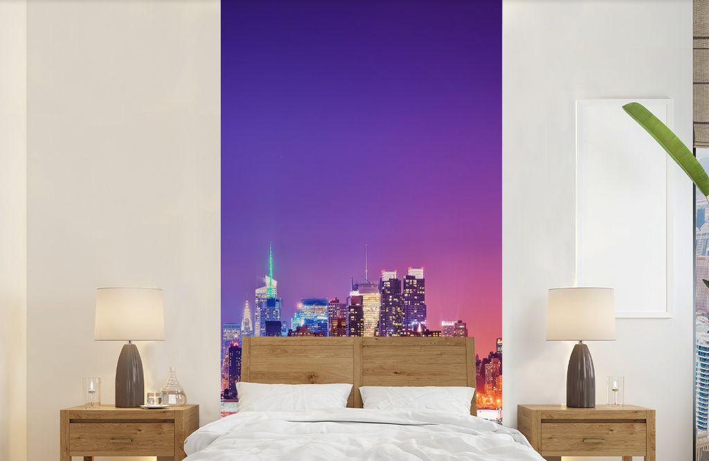 MuchoWow Fototapete für Wohnzimmer oder Schlafzimmer Wandtapete Vinyl Motivtapete New York - Skyline - Lila - 120x240 cm - Hintergrundbild