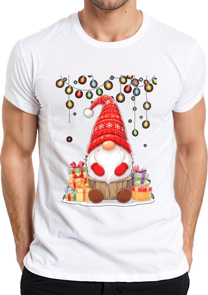 Weihnachtswichtel Gnom rote Mütze Geschenke Lichterkette nordisch Herren T-Shirt, Weiß, 3XL