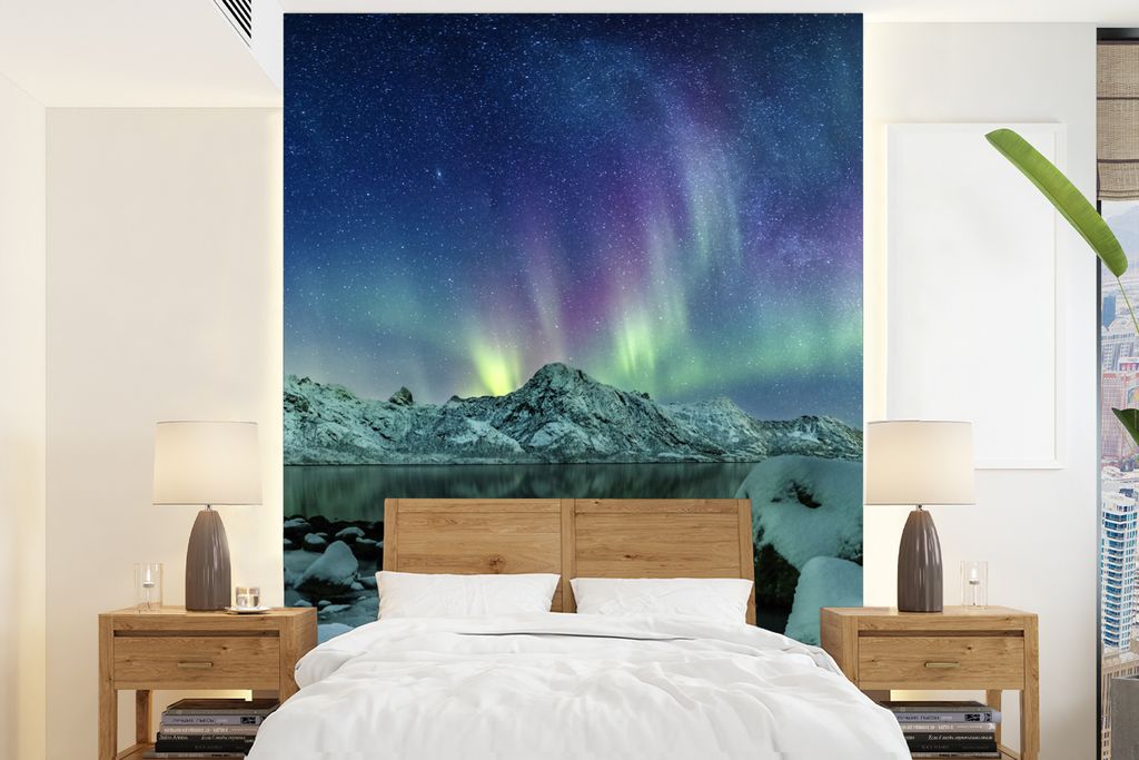 MuchoWow Fototapete für Wohnzimmer oder Schlafzimmer Wandtapete Vinyl Motivtapete Meer - Eis - Nordlicht - Winter - Natur - 165x220 cm - Wanddek...