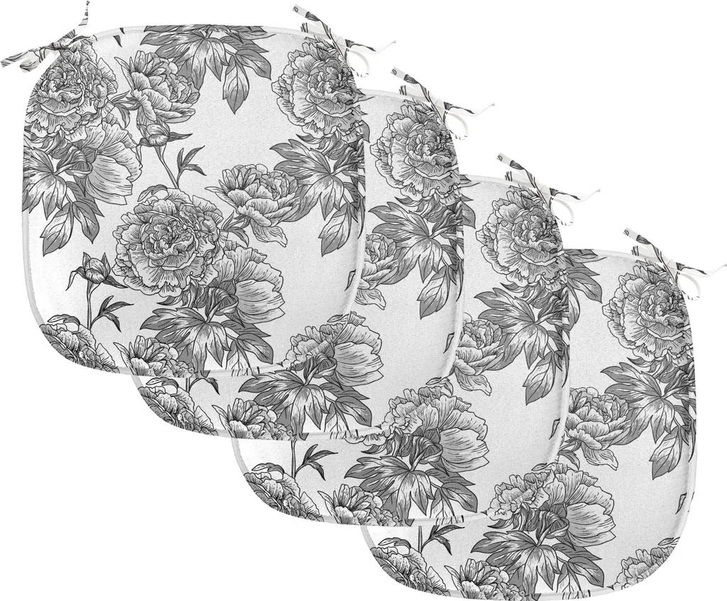 ABAKUHAUS Cuscini floreali per sedie da sala da pranzo, Piante Blossom Spring, Cuscini decorativi impermeabili con cinturini per sedie da cucina, 40 cm x 40 cm - Confezione da 4, Nero Bianco Grigio