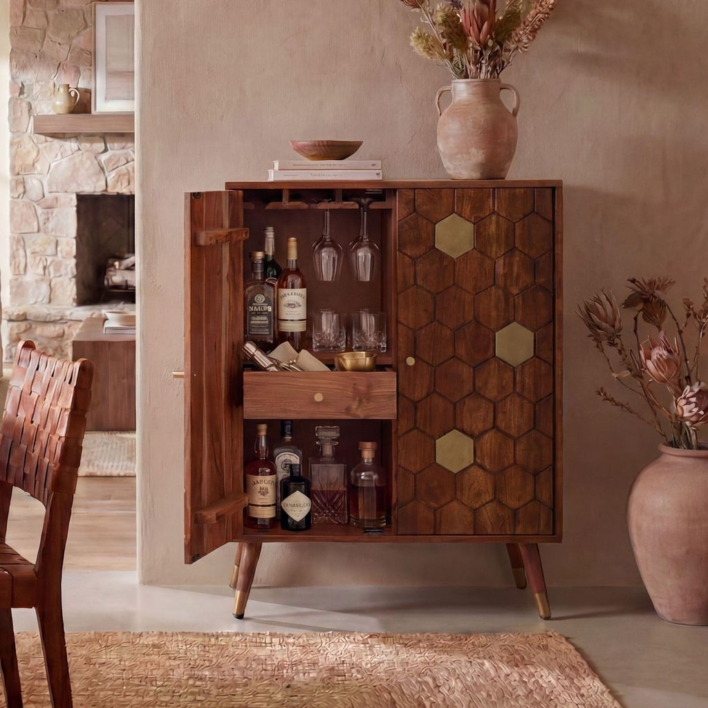 FineBuy Barschrank Akazie Massivholz 75x96cm Bar Möbel mit Produktbild 