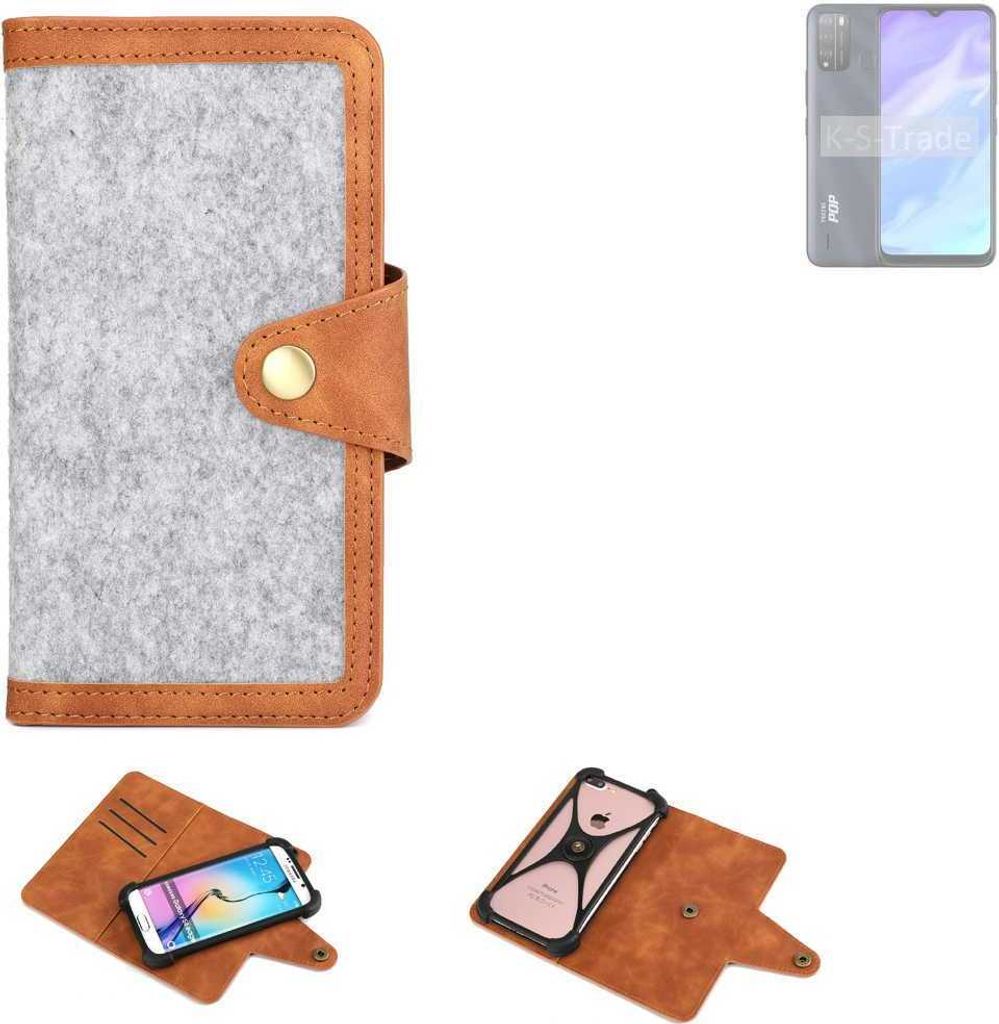 K-S-Trade Handyhülle kompatibel mit Tecno Pop 5X Schutzhülle Filz-Hülle Kunst-Leder hellgrau braun (1x)