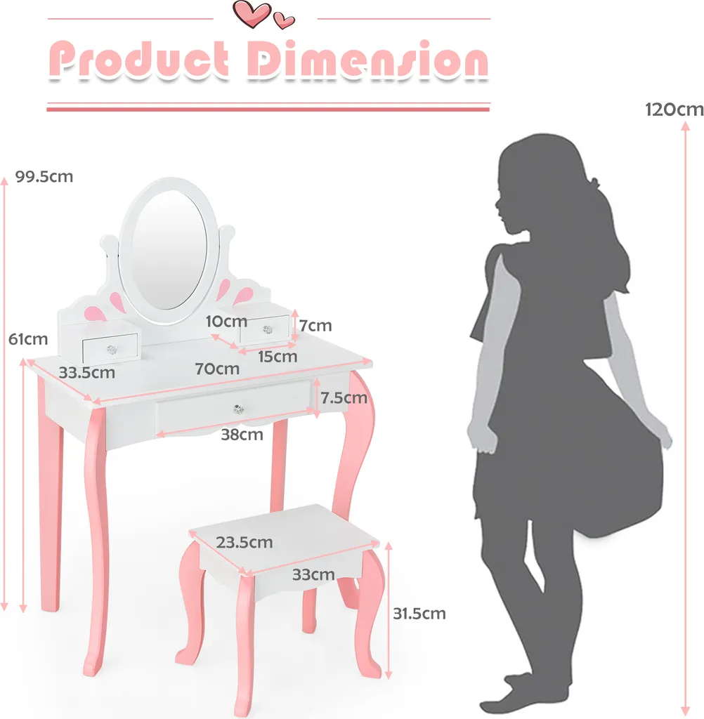 COSTWAY Tavolino da toilette per bambini con sgabello, tavolino da toilette per principesse con 3 cassetti e specchio girevole a 360 gradi, tavolino da toilette rosa, tavolino da trucco per ragazze (bianco) - 4