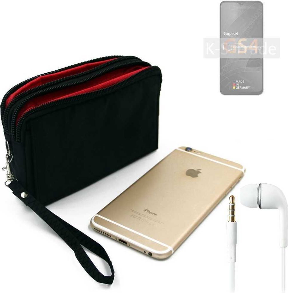 TOP SET kompatibel mit Gigaset GS4 Handy Hülle Gürteltasche schwarz + Kopfhörer Travel Bag Travel-Case mit Diebstahlschutz praktische Schutz Hülle