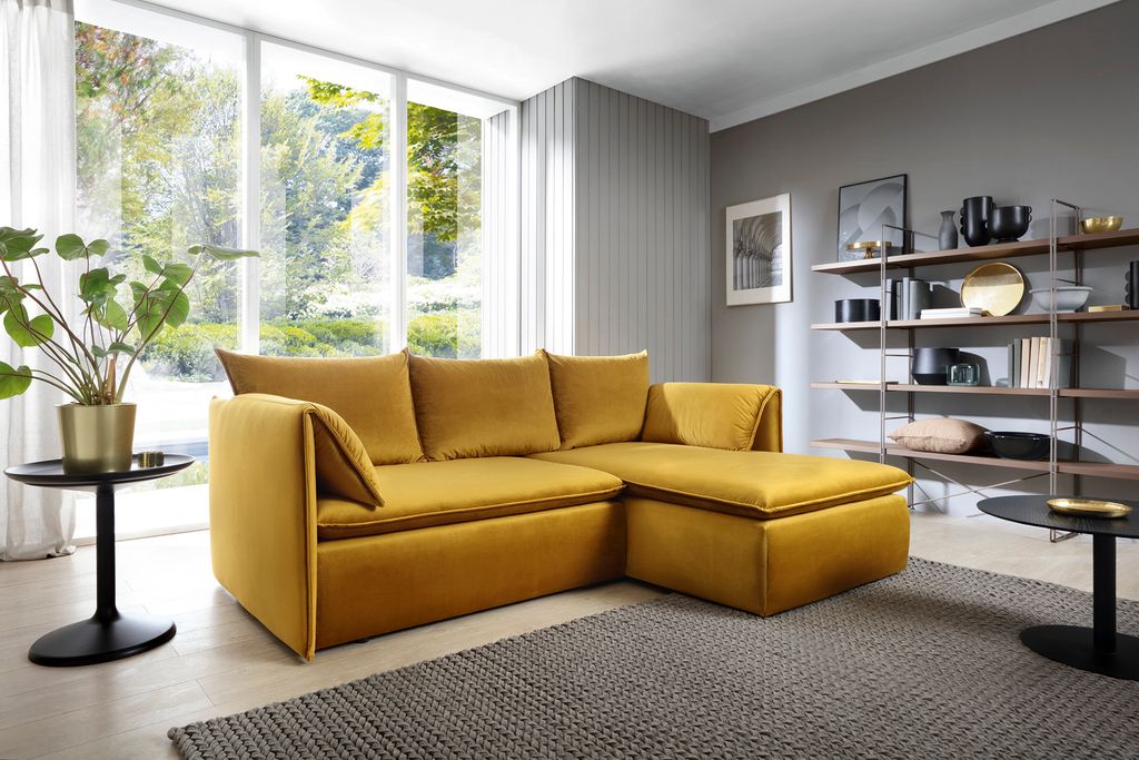 Eckofa mit Schlaffunktion Gloria - Wohnzimmersofa, Schlafsofa - Eckcouch L-Form mit Bettkasten - Rechts - Samtstoff (Gelb - Riviera 41)