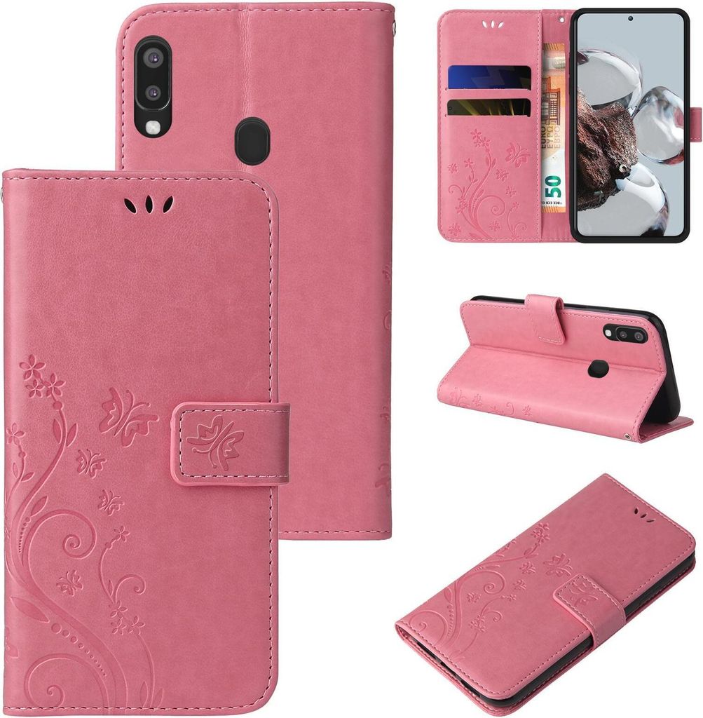 Handyhülle für Samsung Galaxy A20e Floral Blumen Schmetterling Flip Cover Hülle Case Klapphülle Handytasche Farbe: Rosegold