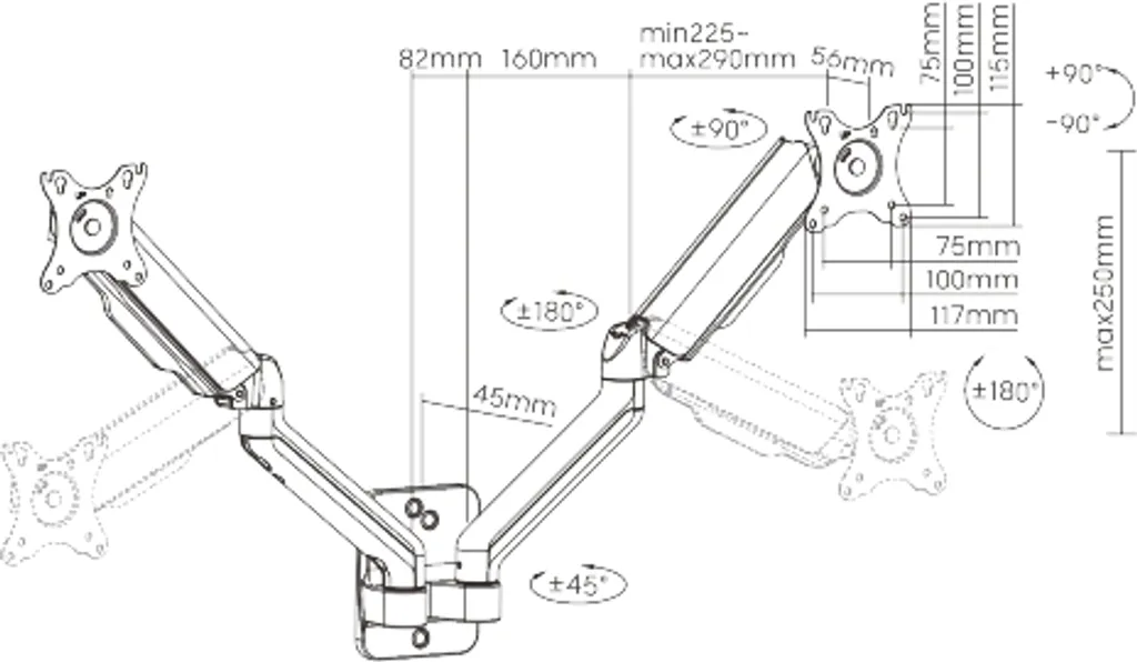 Brateck LDA32-114E Support Moniteur Mural Double à Ressort Mécanique