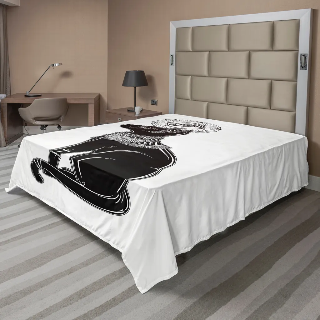 Drap Plat ABAKUHAUS 260x228 cm Motif Chat Sphinx Égyptien Noir et Gris