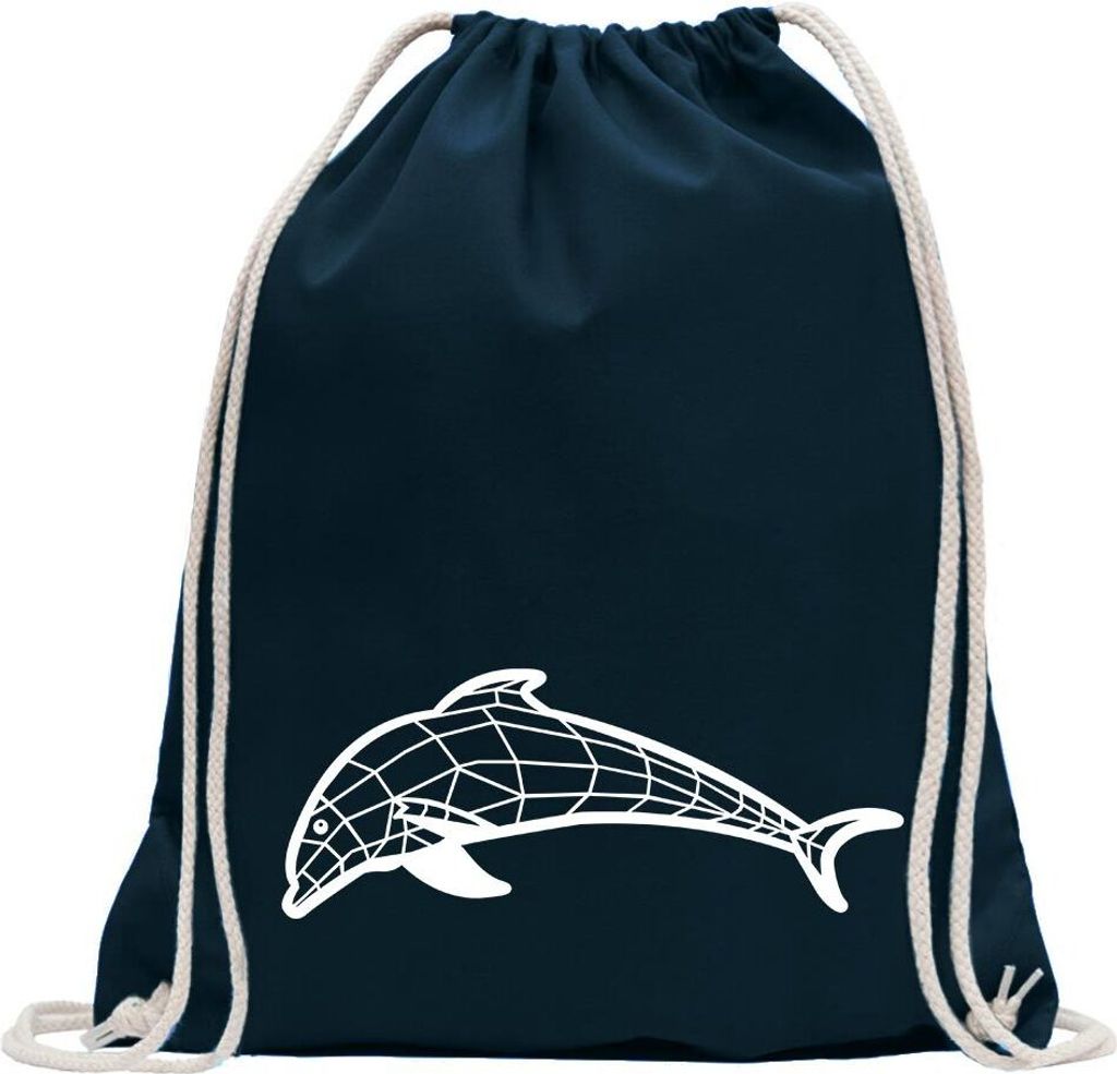 Kiwistar - Turnbeutel - dunkelblau - Polygon Delfin Figur Tier Art - Fun Rucksack Sport Beutel Gymsack Baumwolle mit Ziehgurt