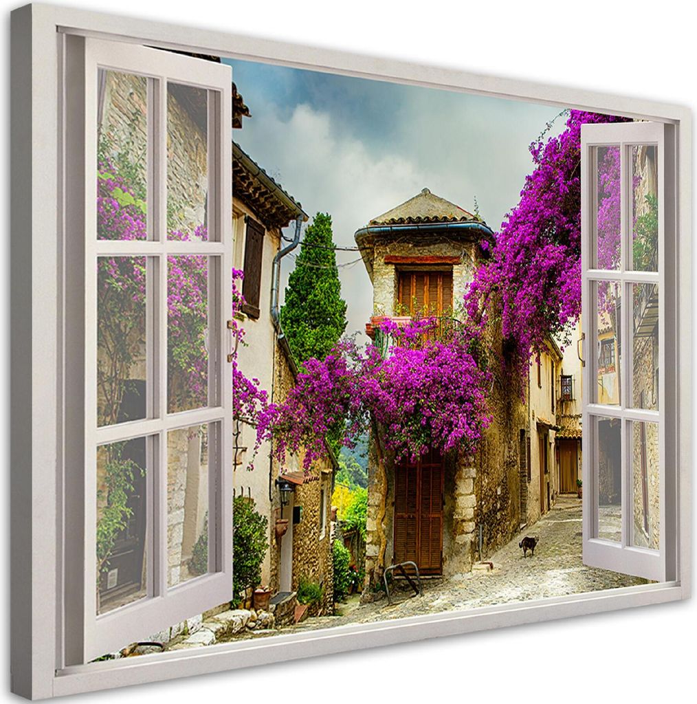 Leinwandbild Blick aus dem Fenster Blumen auf der Straße Vintage 90x60 Feeby Violett bild für die wand bereit zum aufhängen