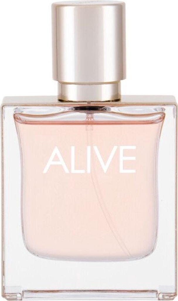 A perfume bottle with a silver cap and a pink liquid inside.