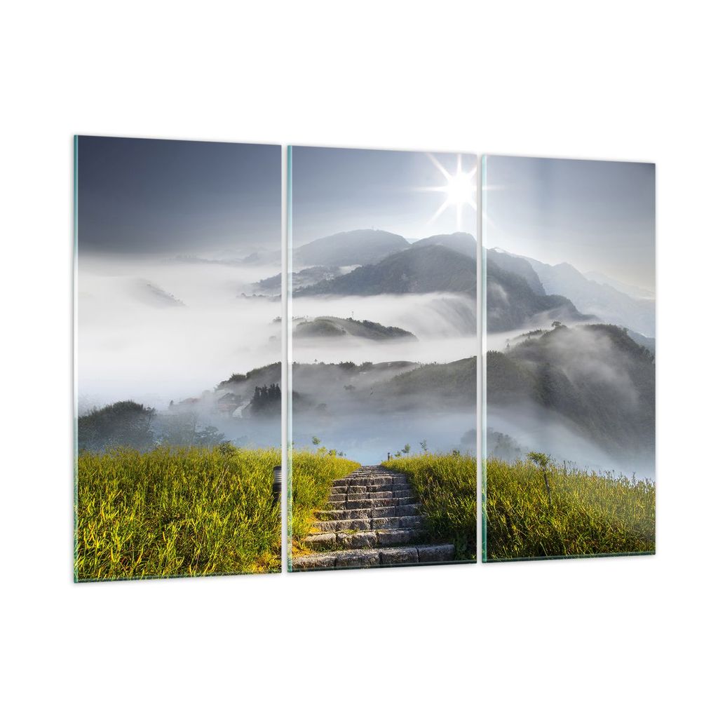 Bilder auf glas - Berg Nebel Landschaft Morgen - 165x110cm - Glasbilder - Wandbilder - Kunstdruck - zum Aufhängen bereit - Wanddekoration aus Glas...