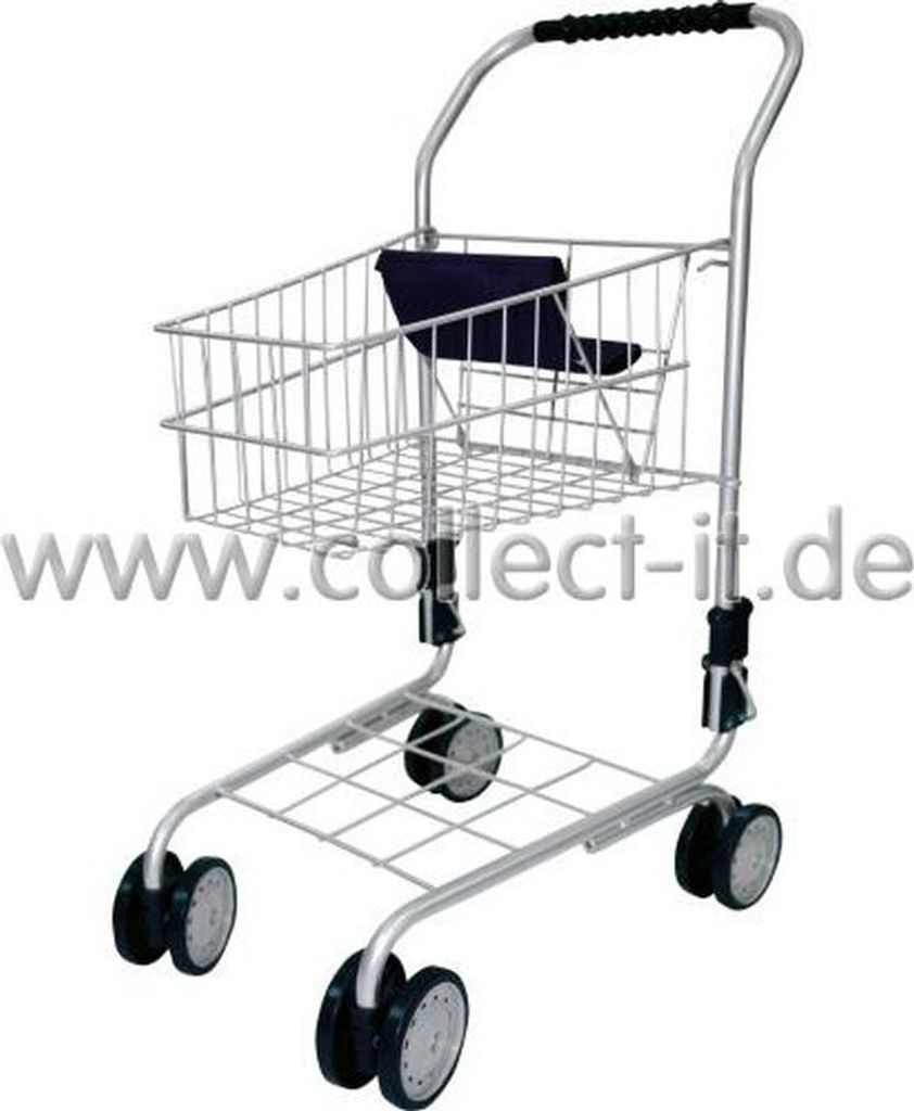 A silver toy shopping cart with a black seat and black wheels, shown from a slightly diagonal front view against a white background.