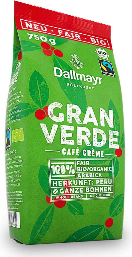 A green bag of Dallmayr Gran Verde coffee beans.