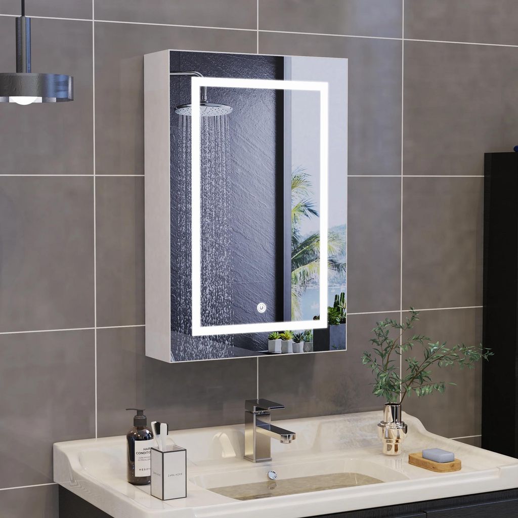 Badezimmer-Spiegelschrank mit LED-Beleuchtung - Einzeltür - Antibeschlag - 3 Farbtemperaturen dimmbar - Höhenverstellbare Einlegeböden - Kunstst...