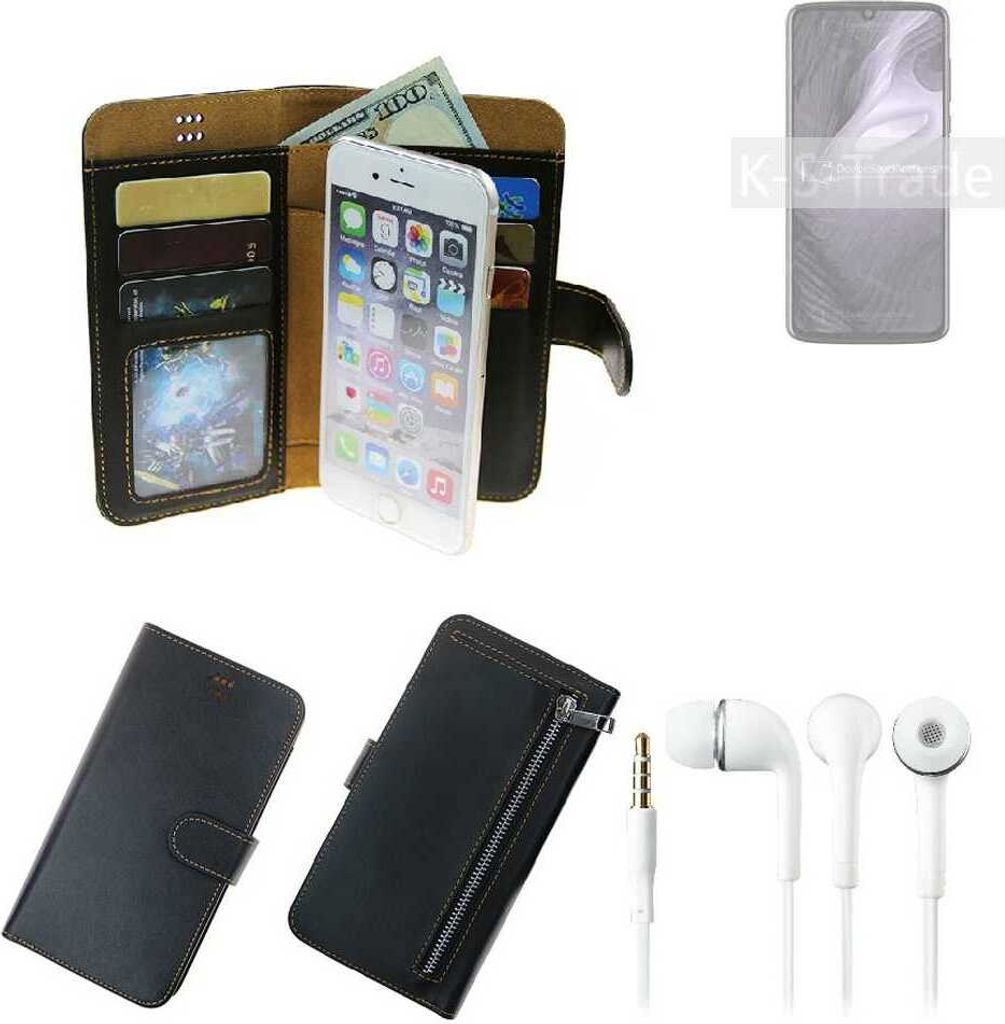 TOP SET Handy Hülle Schutz Hülle kompatibel mit Motorola Moto Z4 Play schwarz aus Kunstleder + Kopfhörer Smartphone Tasche vollwertige Geldbörse