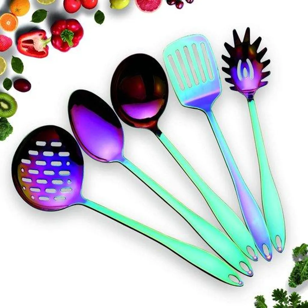 Batterie d'ustensiles de cuisine 5 pièces en acier inoxydable coloris iris