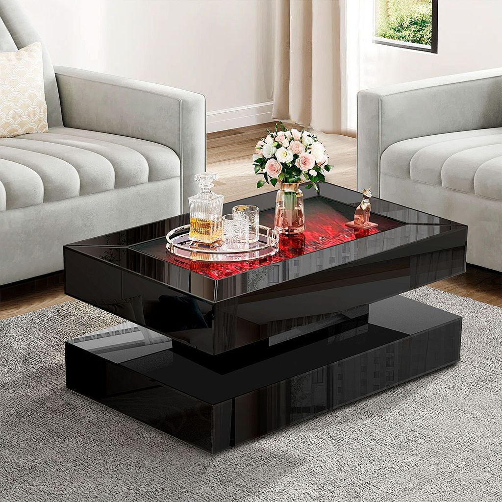 Couchtisch für Wohnzimmer, LED , Klarglas, moderner Mitteltisch, Hochglanz moderner Couchtisch mit LED - Licht 140 cm mit Flamme Animation Schwarz