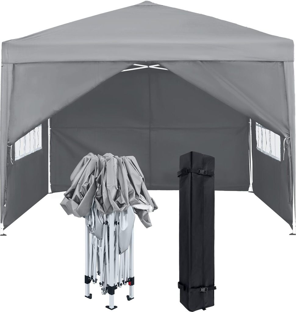 A gray pop-up canopy tent is shown in an open state, with its folded frame and carrying bag displayed in front of it.