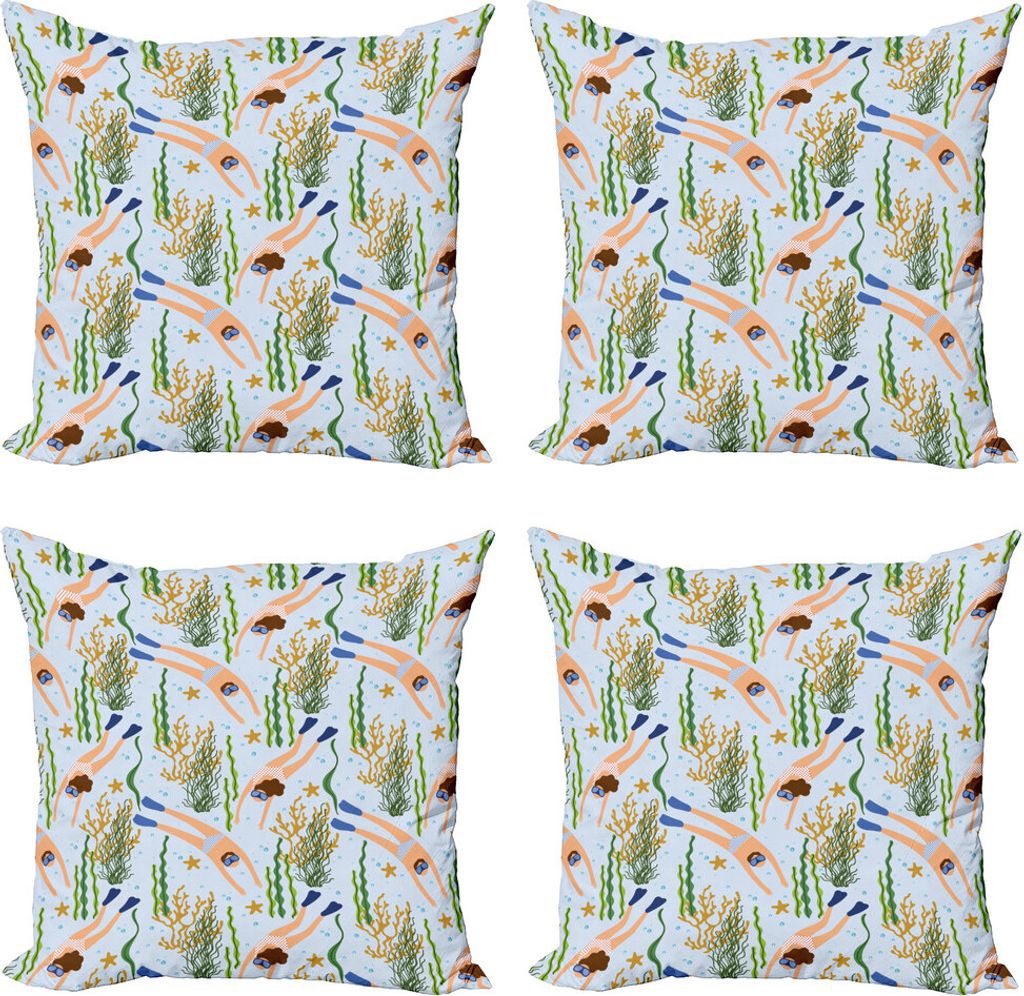 ABAKUHAUS Unter dem Meer Kissenbezug Set (4 Stück), Frau und Mann Tauchen, Moderner Doppelseitiger Digitaldruck, 60 cm x 60 cm, Hellblau und Multi...