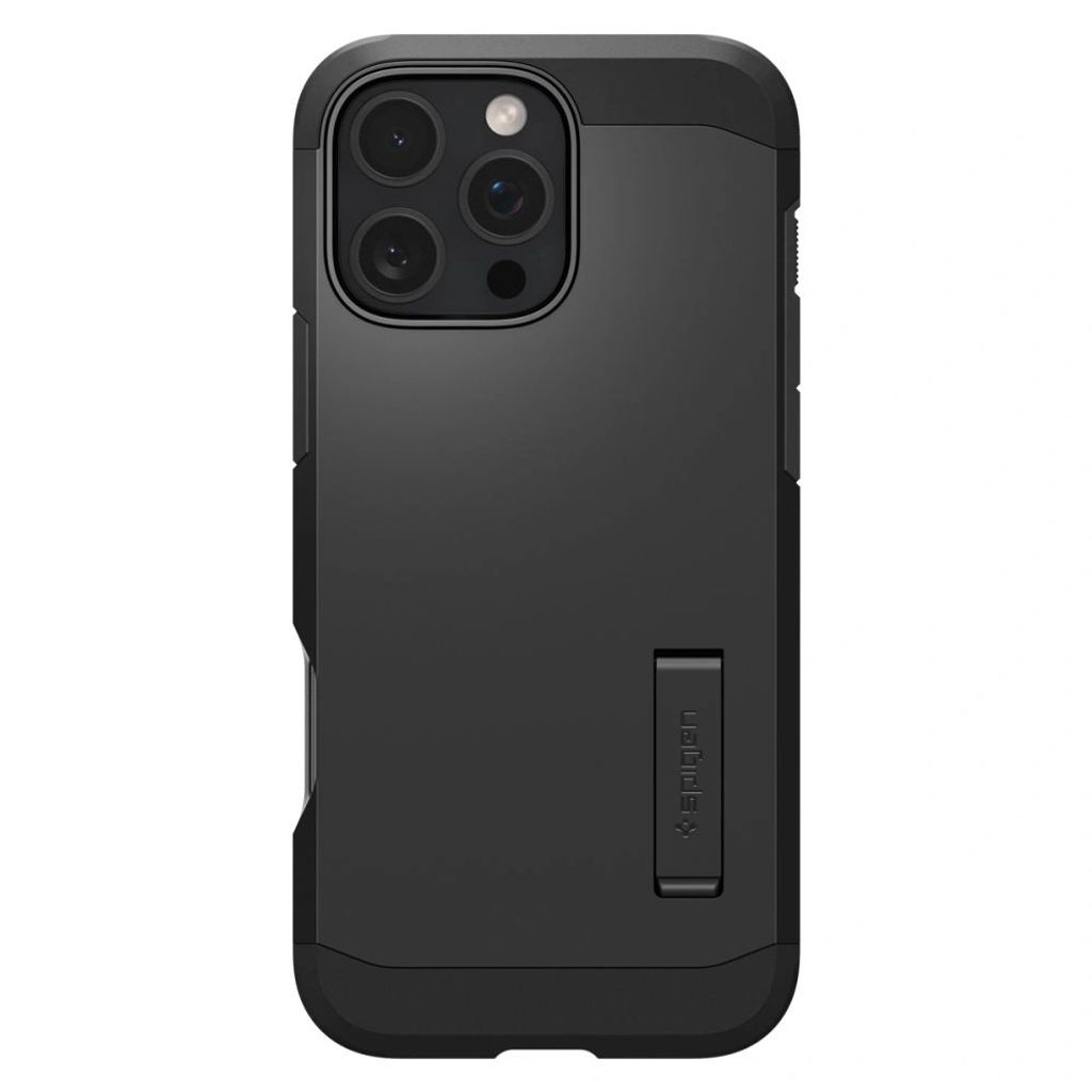 A black iPhone case with a kickstand is shown against a white background.
