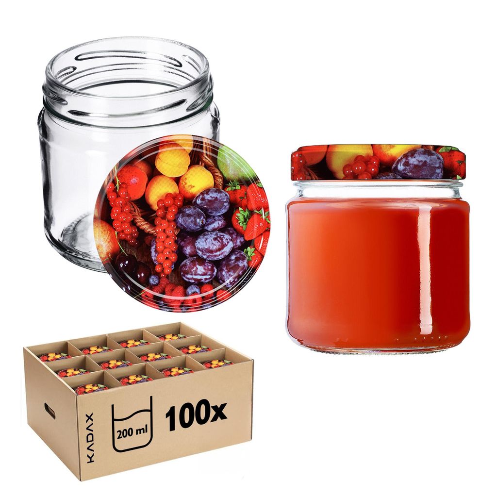 A collection of glass jars with lids, a box of jars, and a single filled jar.