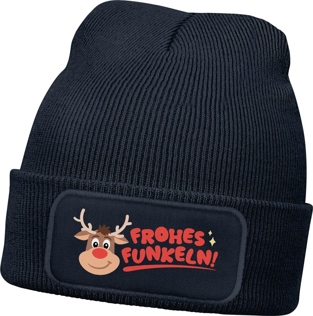 Wintermütze Kinder Mädchen Patch Rentier Rudolf Comicfigur Aufdruck Weihnachten Print Strickmütze MoonWorks