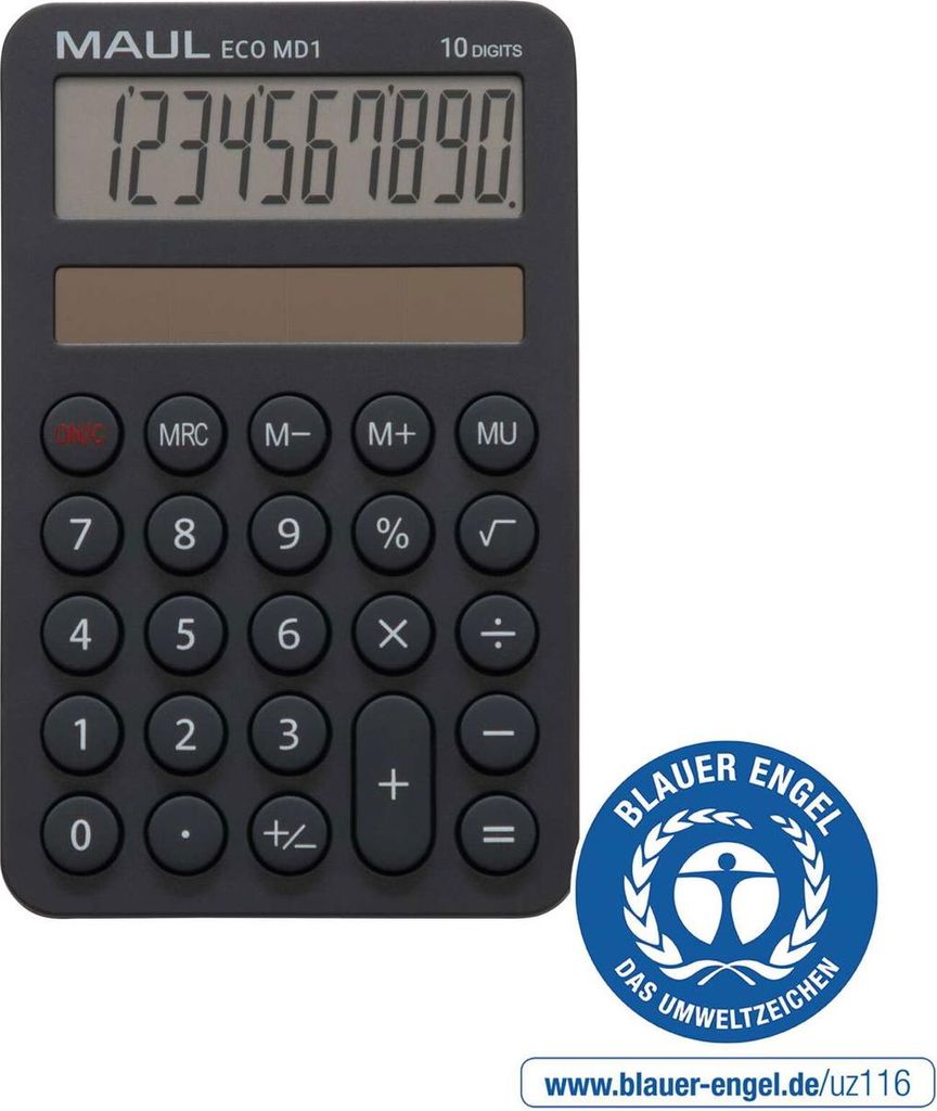MAUL Taschenrechner ECO MD 1 LCD-Anzeige 1-zeilig, 10 Ziffern Solar 12 x 7.6 x 1.2 cm grau