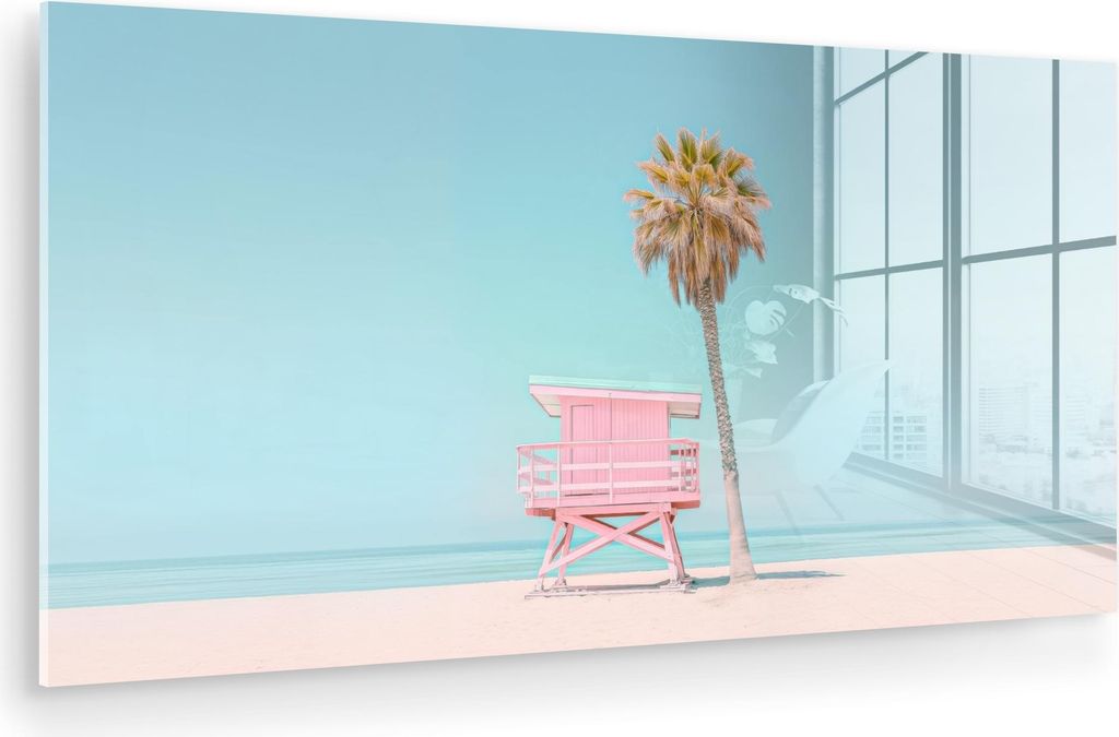 MuchoWow Glasbilder - Bilder auf Wandbild - Foto auf Glas Palme - Strandhaus - Rosa 80x40 cm Wanddekoration aus Glas - Acrylglasbild - Acrylbilder ...