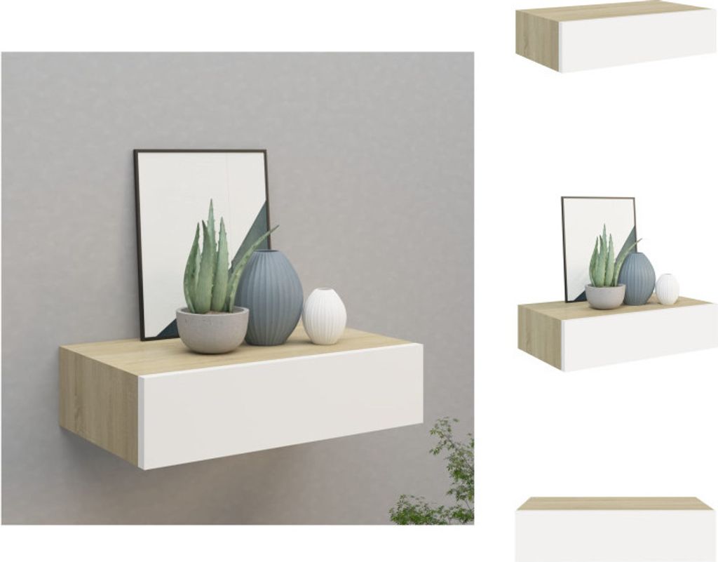 vidaXL Wandregal mit Schublade Eichen-Optik und Weiß 40x23,5x10 cm MDF - Wandregale