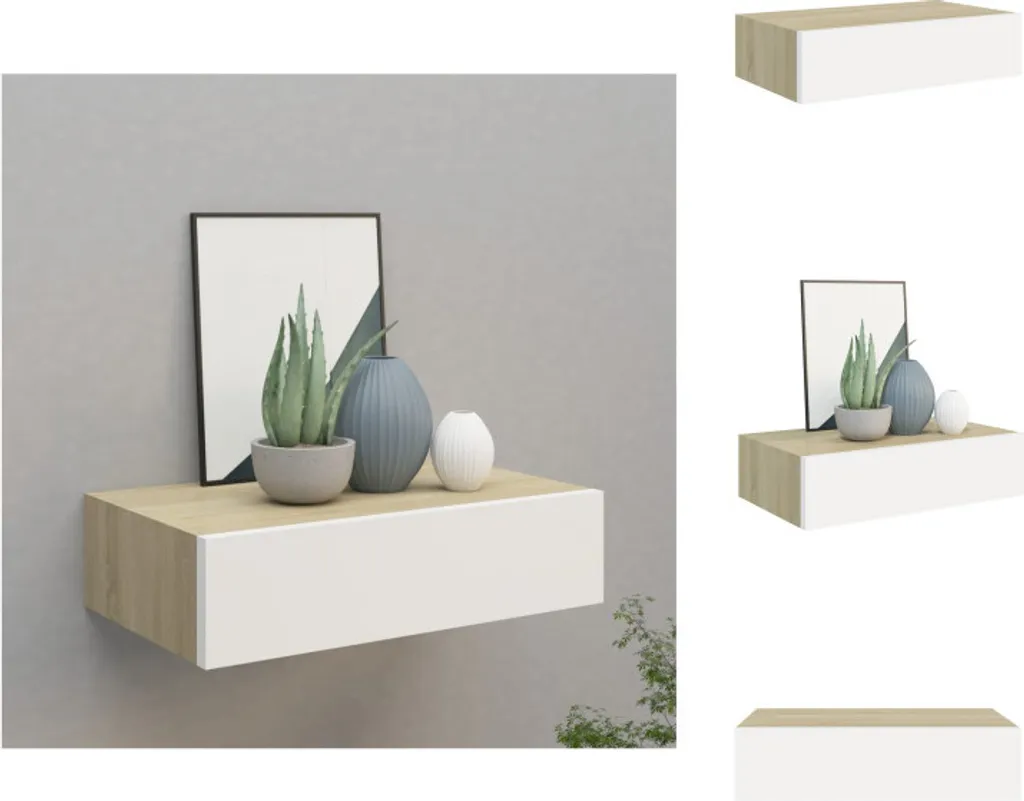 Petit meuble de rangement mural bicolore chêne et blanc avec tiroir