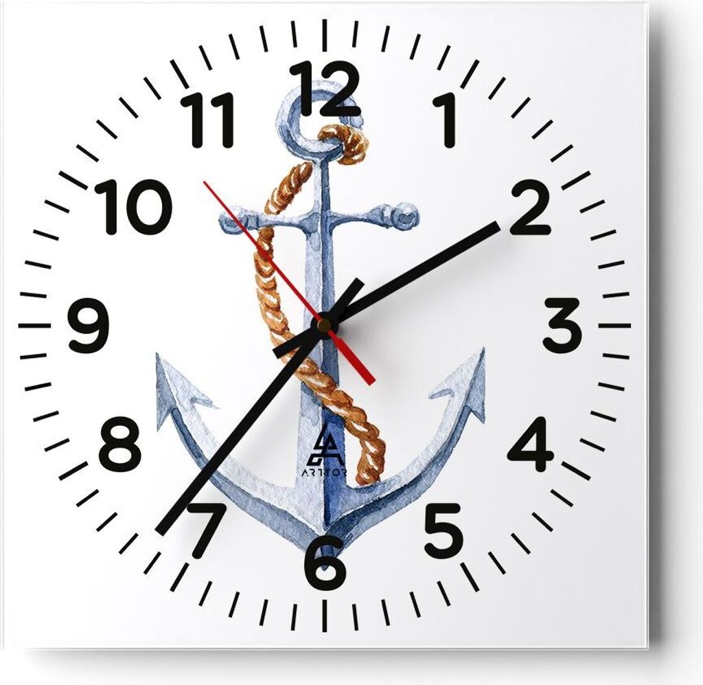 Wanduhr - Quadrat - Glasuhr - Anker Seil Segeln Meer - 30x30cm - Schleichendes Uhrwerk - Lautlos - zum Aufhängen bereit - Dekoration Modern - Wand...
