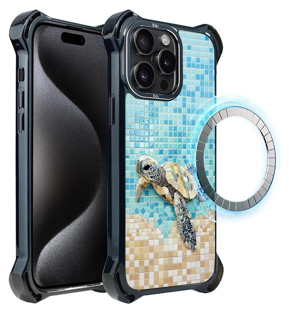 Schutzhülle für das iPhone 15 Pro, MagSafe-kompatibel, verstärkte Ecken, schwarz, Meeresschildkröte, Mosaik