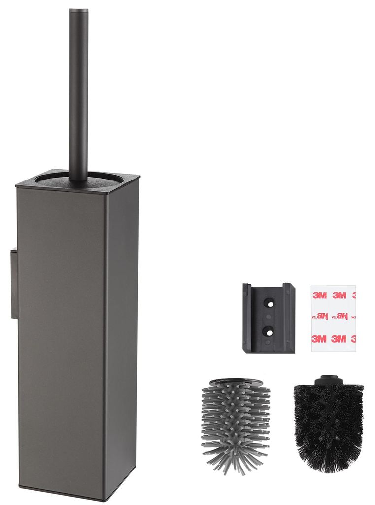 Wandmontierte Toilettenbürste, grau; bohrfreier Toilettenbürstenhalter aus Metall, inklusive 2 Bürstenköpfen; quadratische Silikon-Toilettenbü...