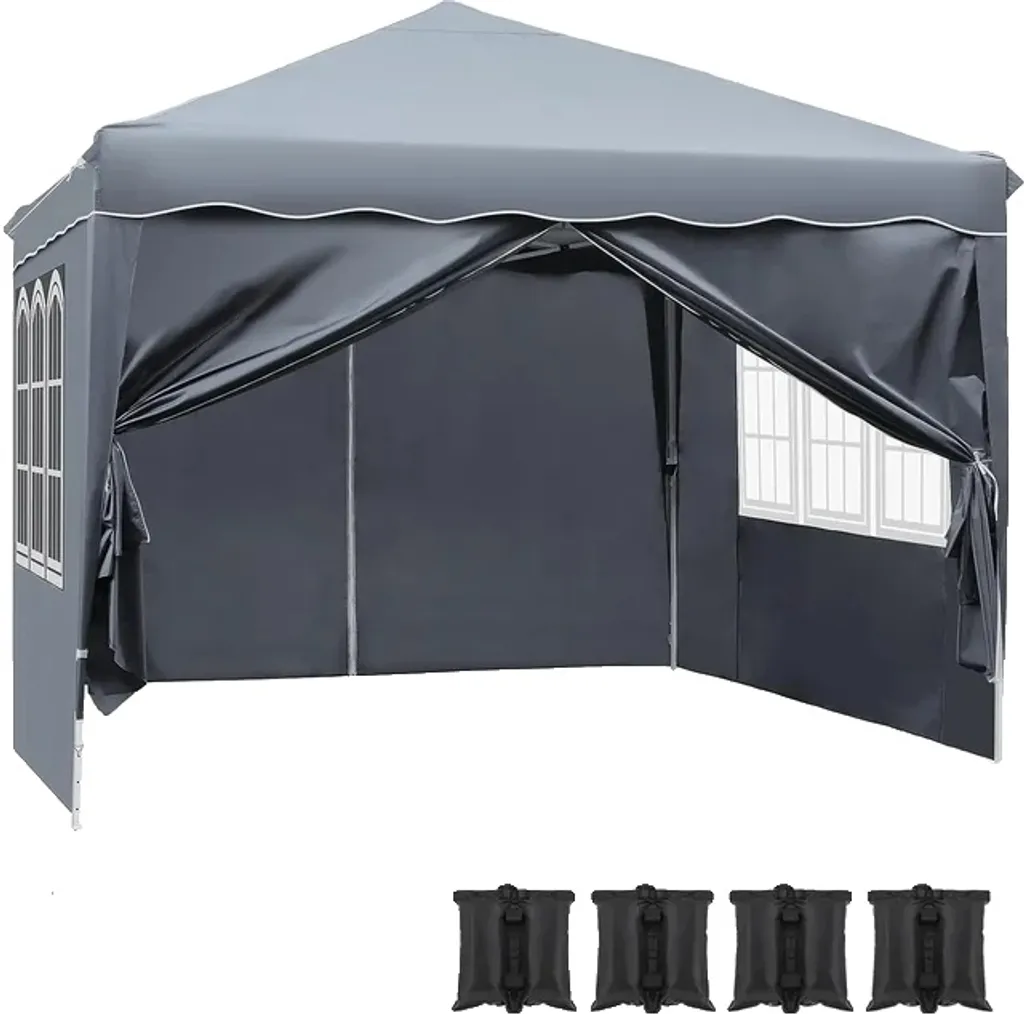 Pavillon de jardin gris 3x3m avec protection solaire et sac de transport