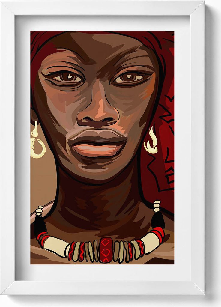 Kunst - Gemälde einer afrikanischen Frau– Wandbild mit Rahmen – Gerahmtes Bild – Wanddekoration – 20x30 cm – Weiß
