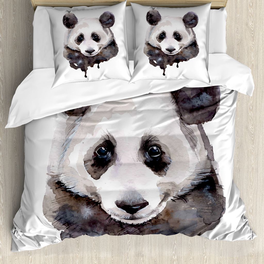 ABAKUHAUS Tier Bettbezug, Aquarell-Panda-Bär, Milbensicher Allergiker geeignet mit Kissenbezügen, 200 cm x 200 cm - 80 x 80 cm, Beige Weiß und S...
