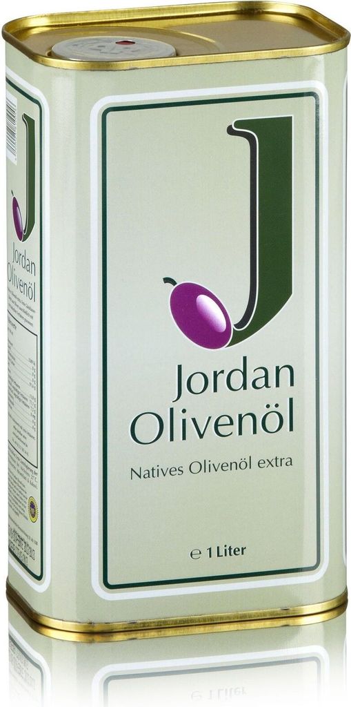 A rectangular metal tin of Jordan Olivenöl (olive oil).