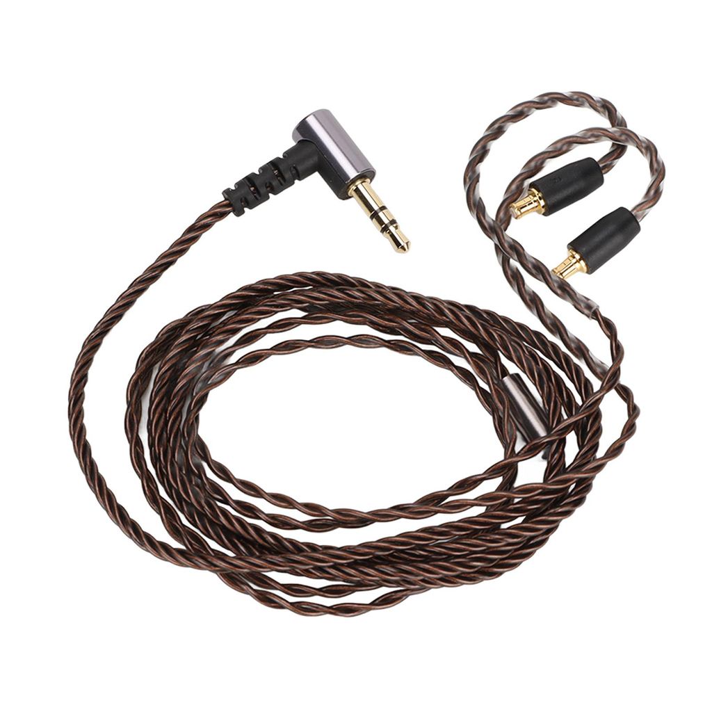 A coiled audio cable with a 3.5mm angled connector on one end and two smaller connectors on the other.
