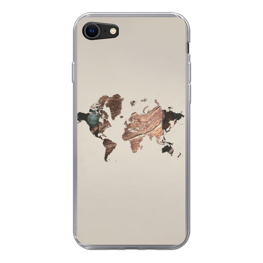MuchoWow Handyhülle Schutzhülle Hülle für iPhone SE 2020 Weltkarte - Holz - Braun Silikon Softcase Handy Hülle - Kartenbesitzer